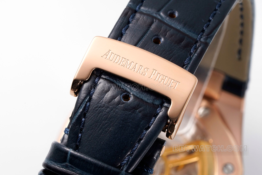APS factory Audemars PiguetRoyal Oaktop-tier 1:1high-quality replicablue dialrose goldleather strap model 15510OR.OO.D315CR.02braceletlive photos