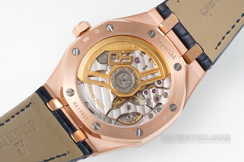 APS factory Audemars PiguetRoyal Oaktop-tier 1:1high-quality replicablue dialrose goldleather strap model 15510OR.OO.D315CR.02caseback live photo