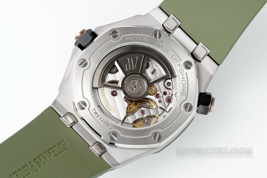 APS factory Audemars PiguetRoyal Oak offshore avocado rubber model 15720ST.OO.A052CA.01caseback live photo