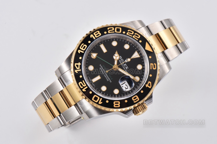 C factory RolexGMT-Master type 1:1super cloneblack dial gold steel bracelet model 116713-LN-78203front live photo