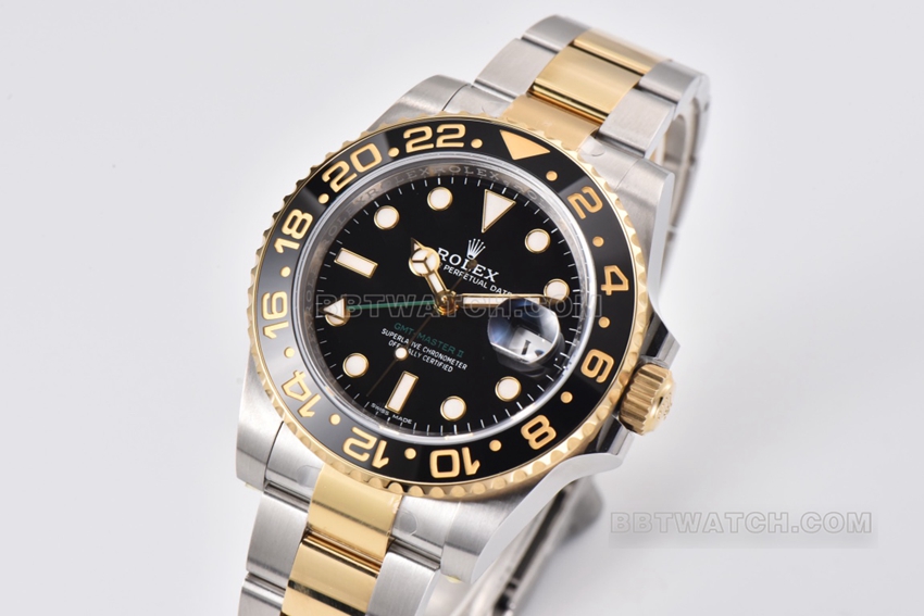 C factory RolexGMT-Master type 1:1super cloneblack dial gold steel bracelet model 116713-LN-78203front live photo