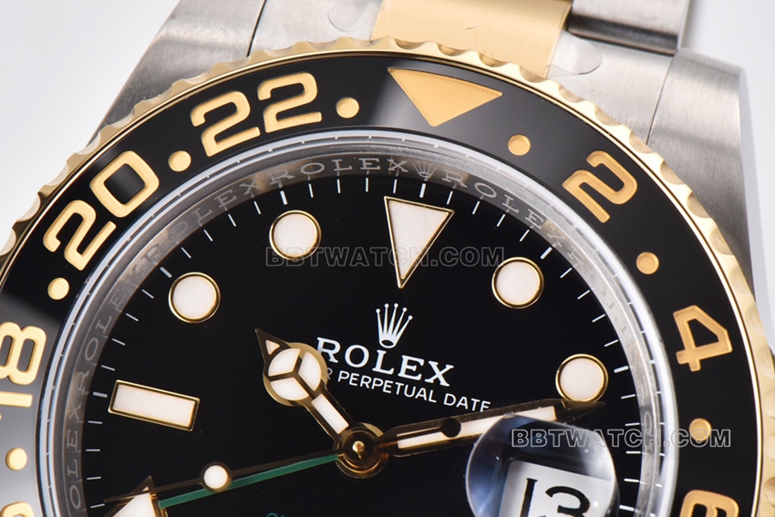 C factory RolexGMT-Master type 1:1super cloneblack dial gold steel bracelet model 116713-LN-78203front live photo