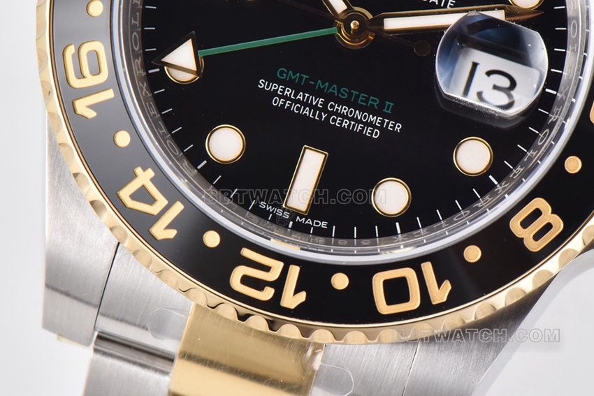 C factory RolexGMT-Master type 1:1super cloneblack dial gold steel bracelet model 116713-LN-78203front live photo