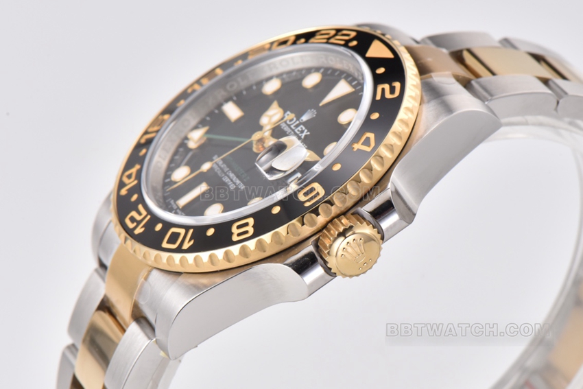 C factory RolexGMT-Master type 1:1super cloneblack dial gold steel bracelet model 116713-LN-78203side live photo
