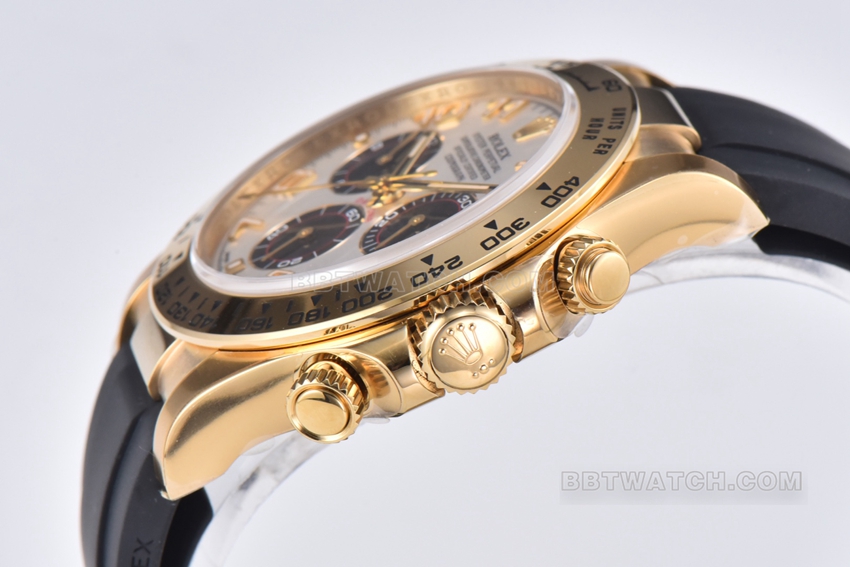 Factory C Rolex Daytonatop-tier 1:1super silver white dialyellow gold rubber model 116518side live photo