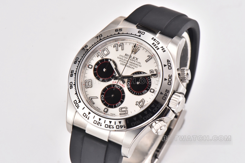 Factory C Rolex Daytonatop-tier replicawhite goldsilver dialrubber strap model 116519-L(FC)front live photo