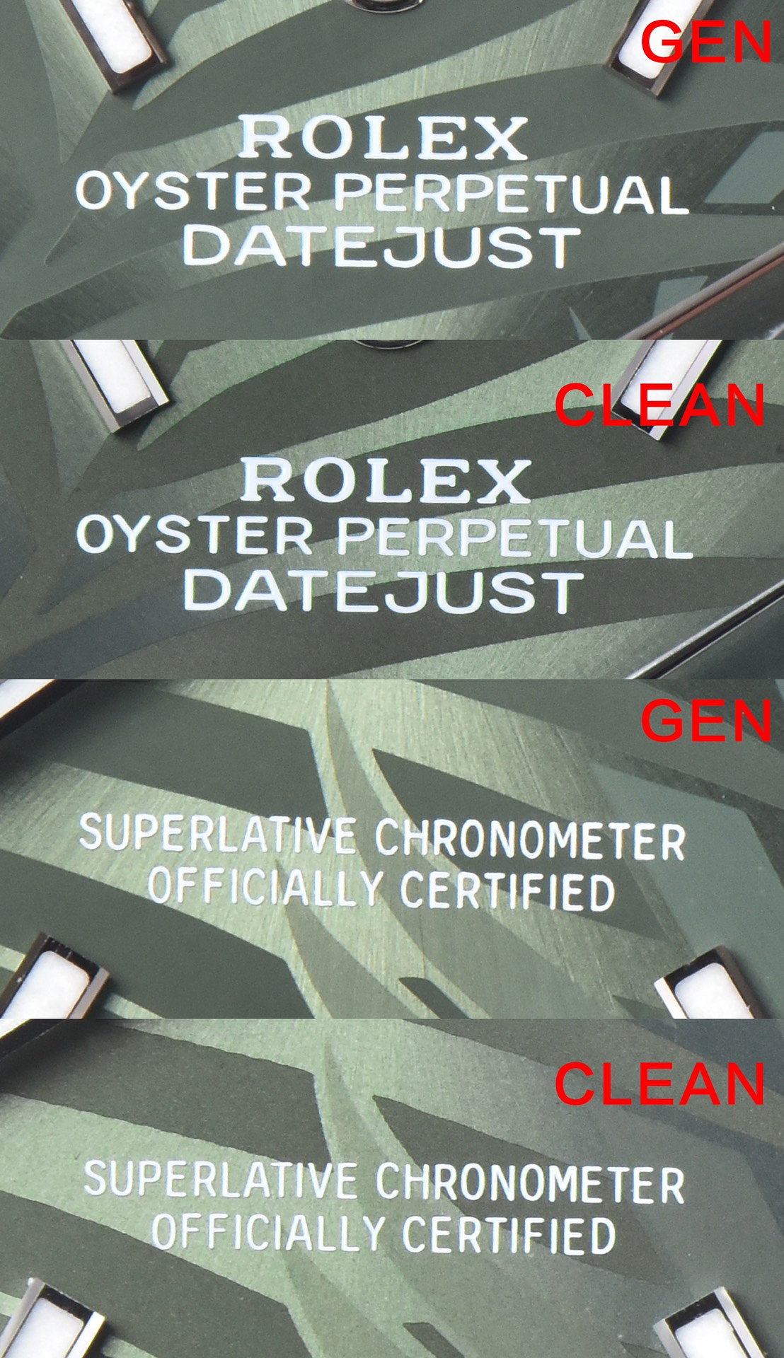 C Factory Log Green Palm Leaf Pattern Authentic and Fake Comparison Evaluation Rolextop-tier Table Dial Comparison Chart