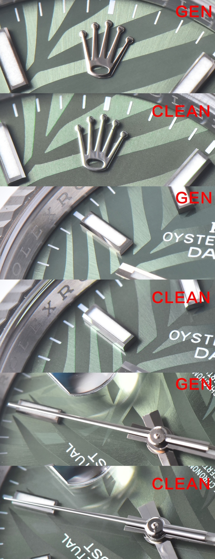 C Factory Log Green Palm Leaf Pattern Authentic and Fake Comparison Evaluation Rolextop-tier Table Dial Comparison Chart