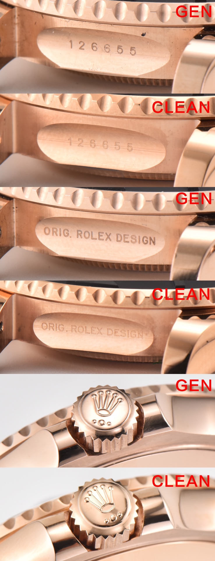 C Factory Yacht-Master Rose Gold Authentic and Fake Comparison Evaluation Rolextop-tier Watch Case Comparison Chart