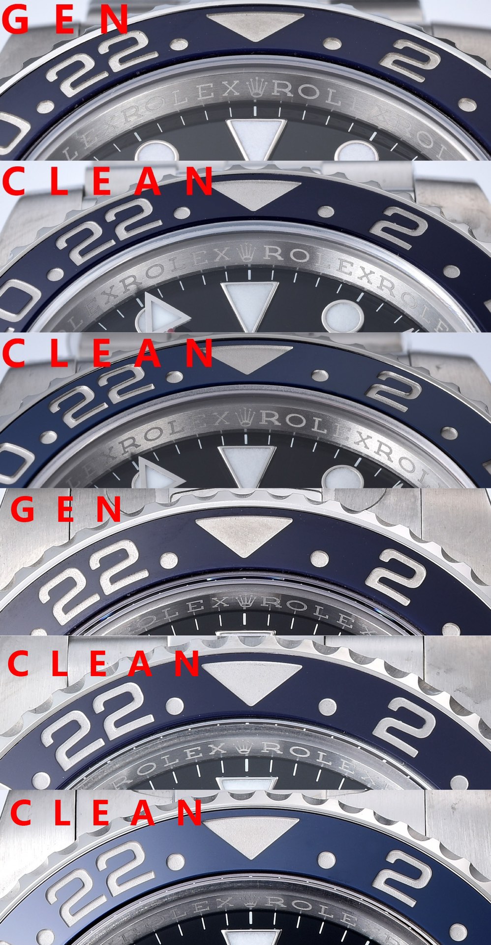 C factory GMT-MasterPepsi bezel genuine and fake comparison evaluation Rolextop-tier table bezel comparison chart