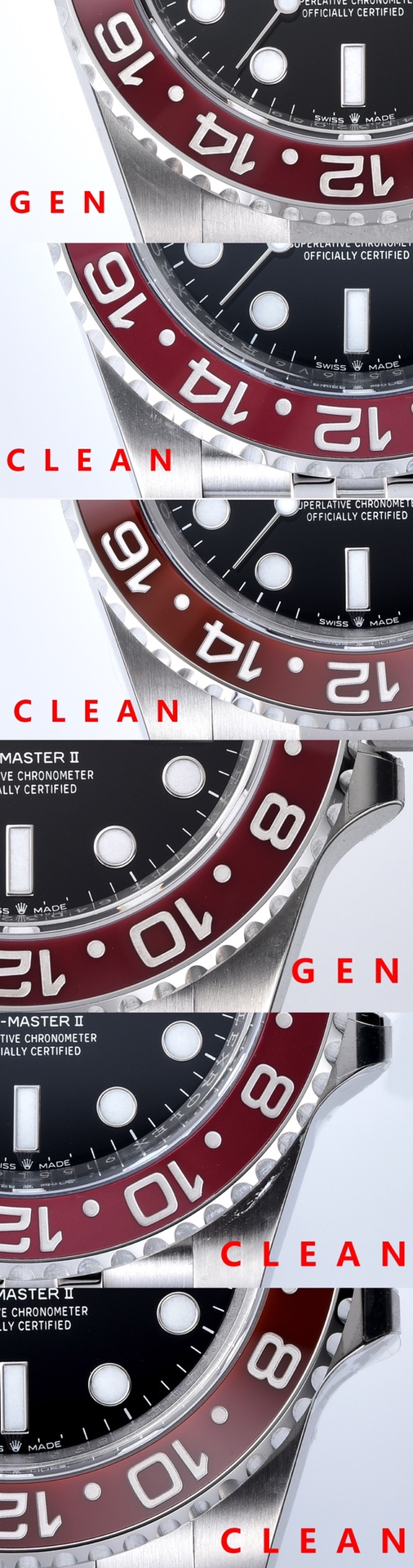 Factory C GMT-MasterPepsi bezel genuine and fake comparison evaluation Rolextop-tier watch appearance comparison chart