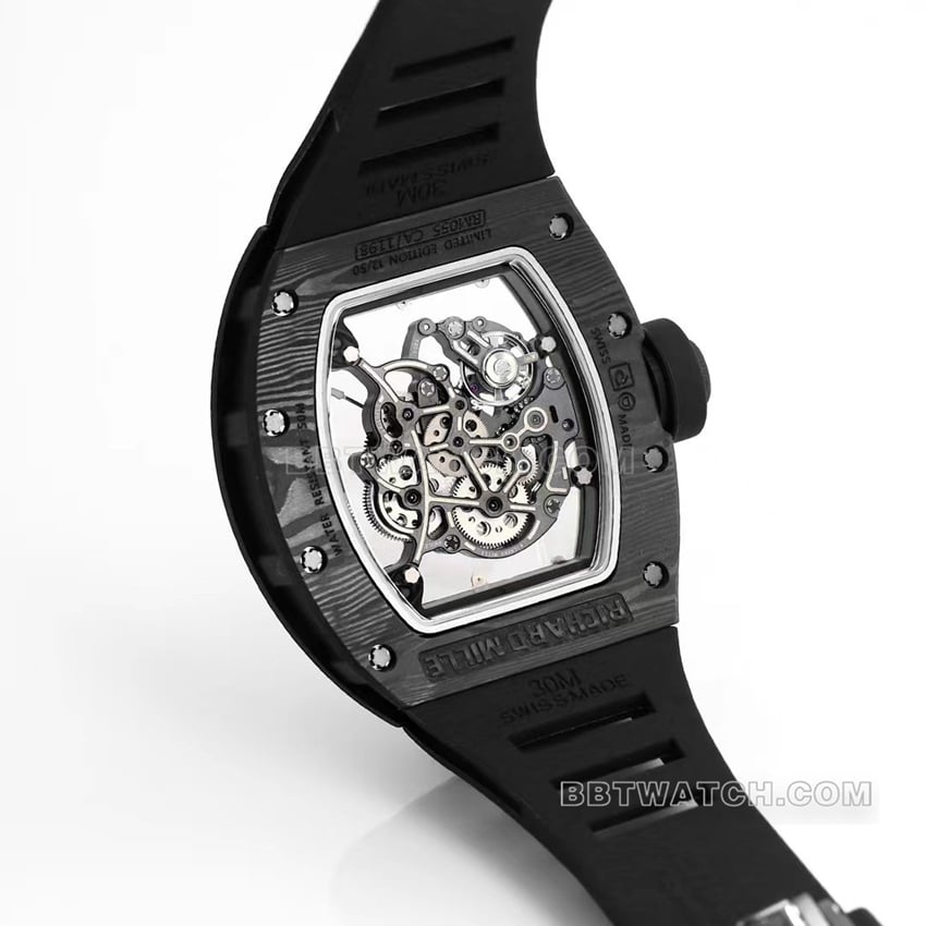 BBR factory Richard Mille men's hollow plate golden inner ring RM055 carbon fiber caseback live photo