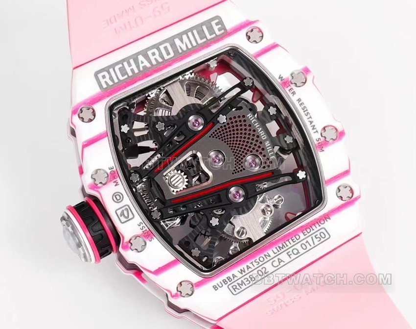 Richard Mille men's top-tier pink rubber RM 38-02caseback live photo