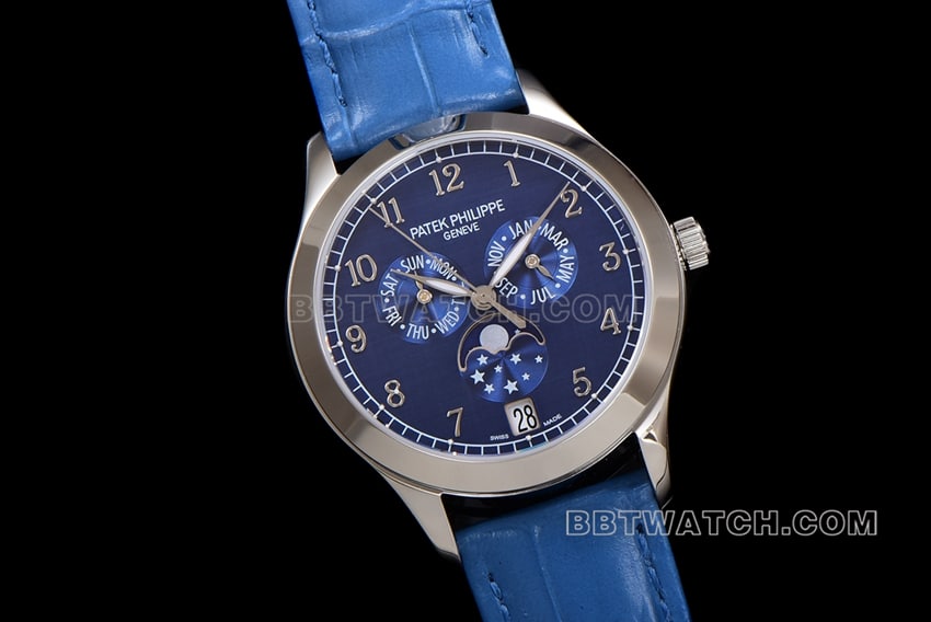 ZP factory Patek Philippe complex function timepiece super cloneblue dial annual calendar leather strap model 4947Gfront live photo