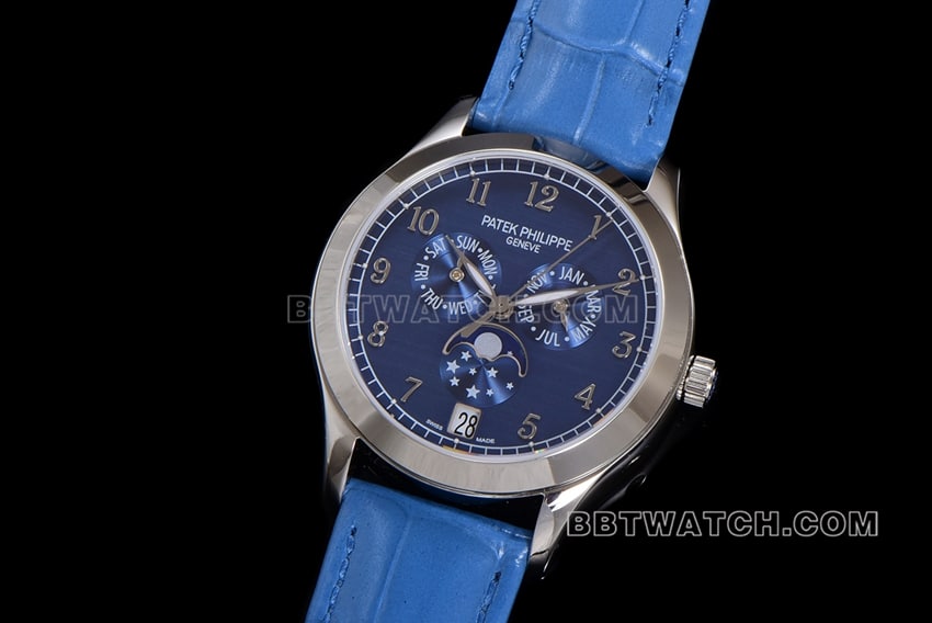 ZP factory Patek Philippe complex function timepiece super cloneblue dial annual calendar leather strap model 4947Gfront live photo