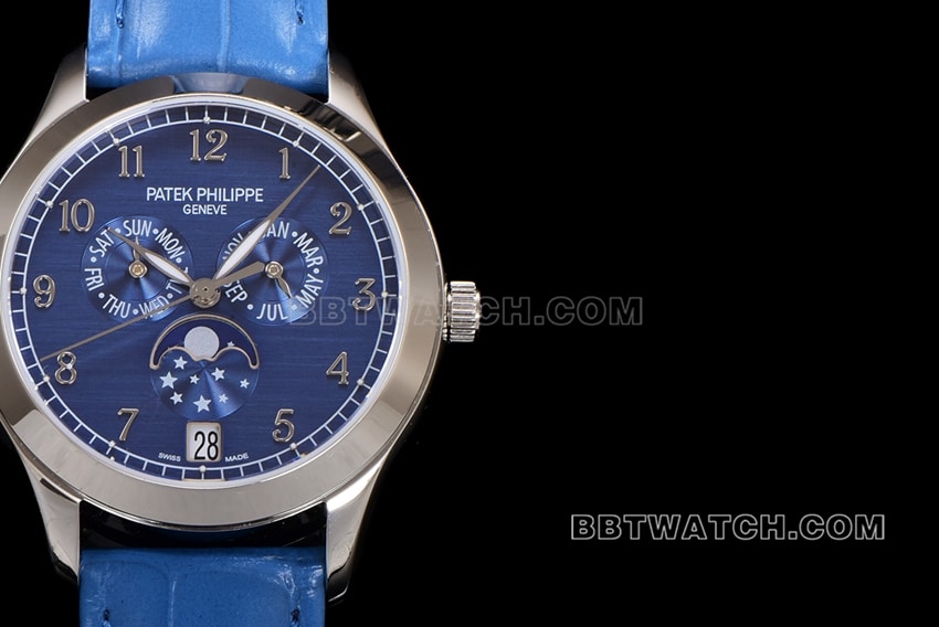 ZP factory Patek Philippe complex function timepiece super cloneblue dial annual calendar leather strap model 4947Gfront live photo