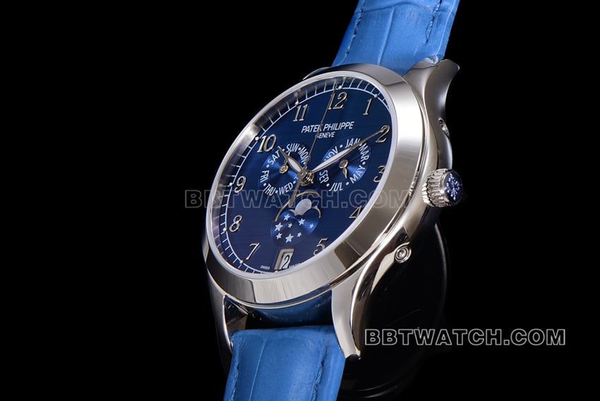 ZP factory Patek Philippe complex function timepiece super cloneblue dial annual calendar leather strap model 4947Gside live photo