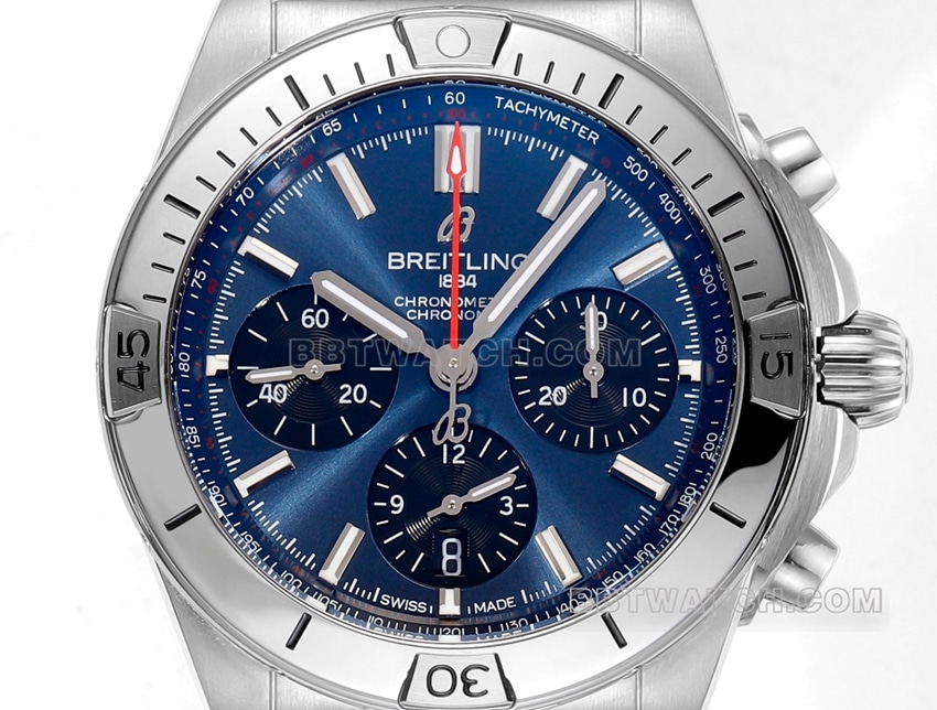 BLS factory Breitling mechanical chronographsuper cloneblue dialsteel bracelet model AB0134101C1A1front live photo