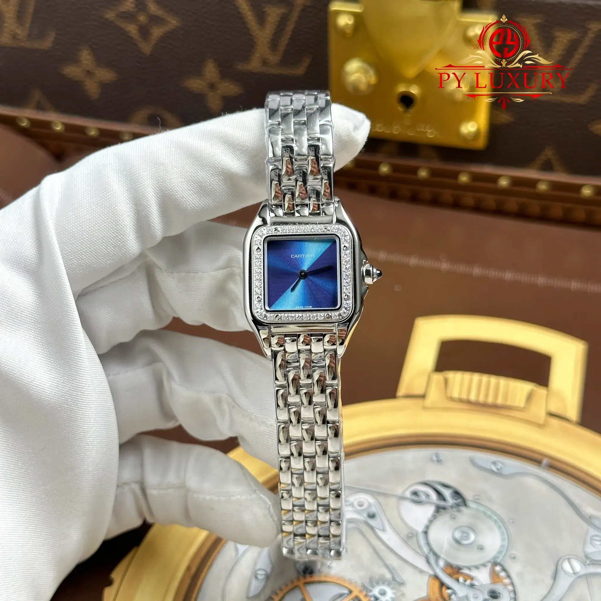 Cartier Panthère Small W4PN001 Steel Blue Dial Diamond Bezel Best Replica 22mm x 30mm