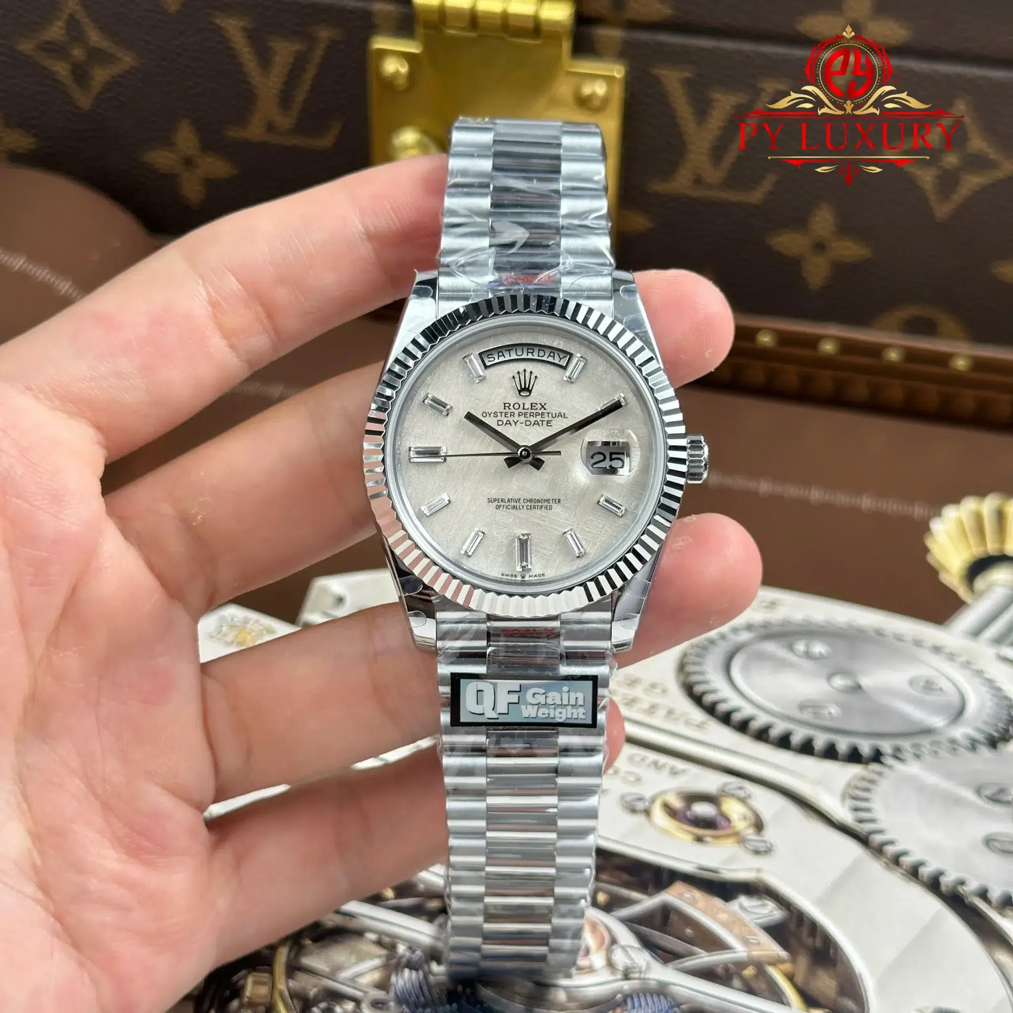 Rolex Day-Date 228239 White Gold Meteorite Baguette Dial Best Replica QF 40mm