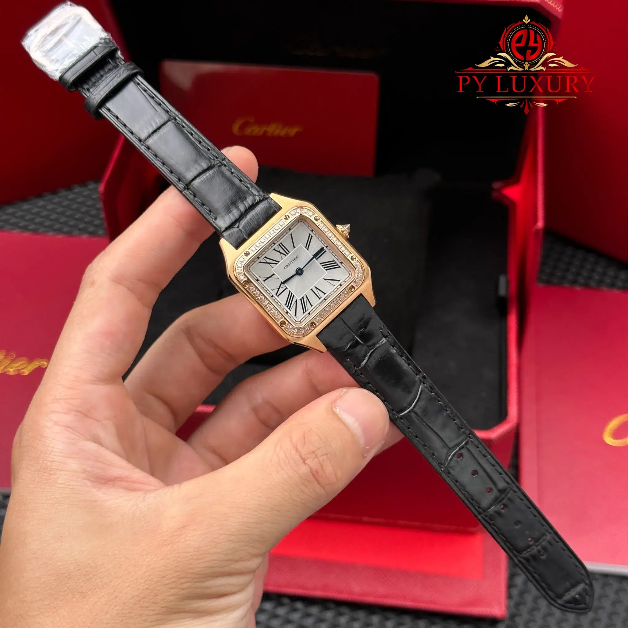 Cartier Santos Dumont Small Model Rose Gold Diamond Bezel Silver Dial Leather Strap Replica 38mm x 27.5mm