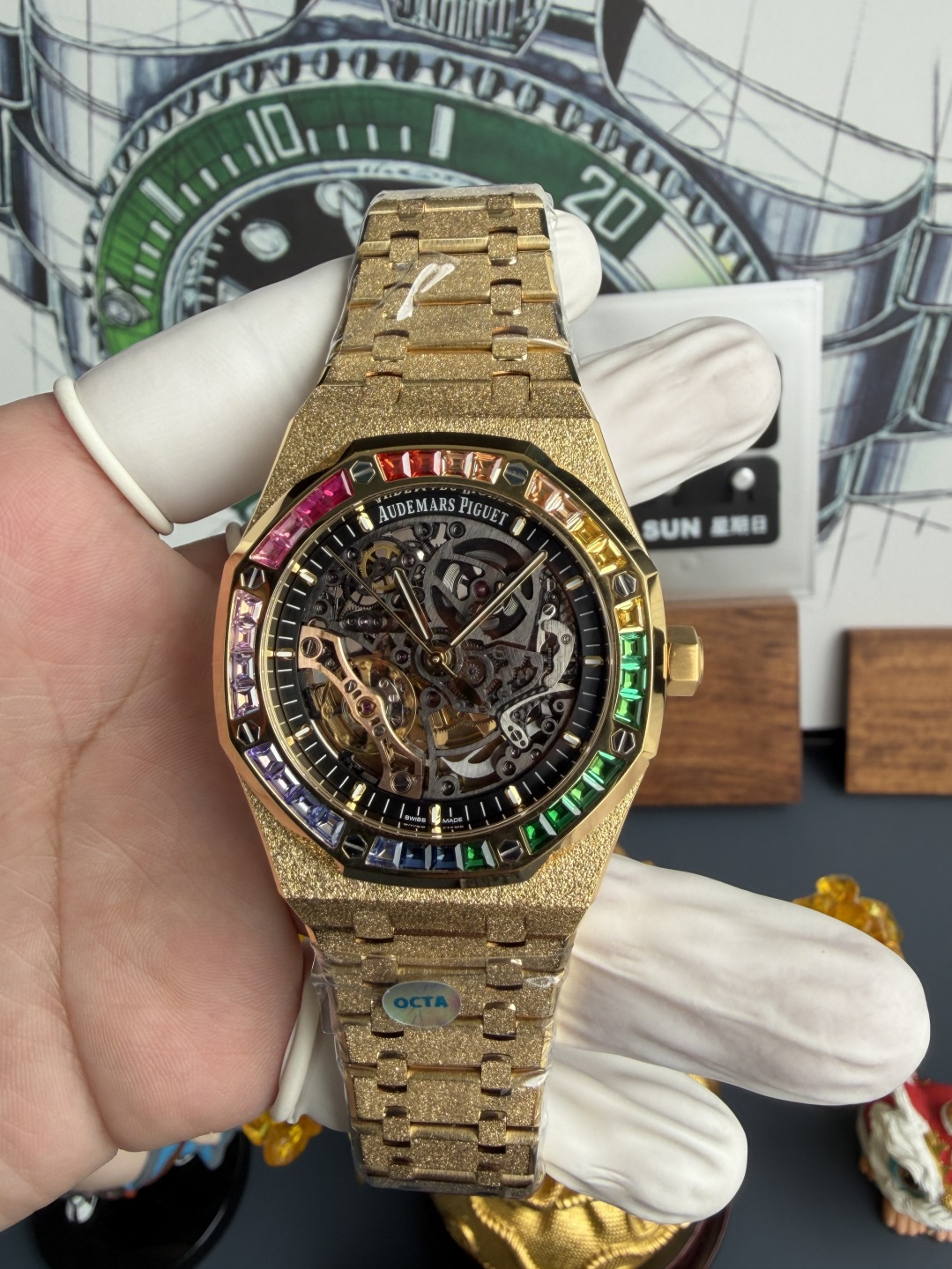 Audemars Piguet Royal Oak Openworked 15412BA Rainbow Frosted Yellow Gold Best Replica 1:1 OCTA 41mm (Free Sprung)