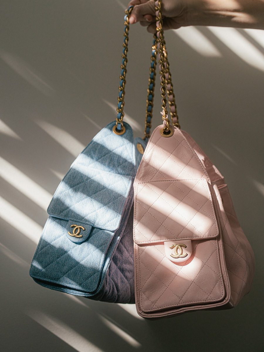 Chanel 25 Bag Small in blue denim and pink leather