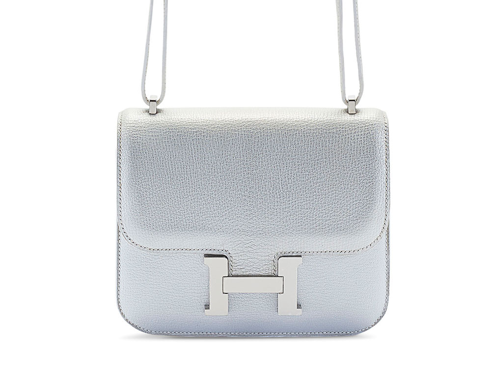 HERMES a rare metallic silver chevre leather mini constance 18 with palladium