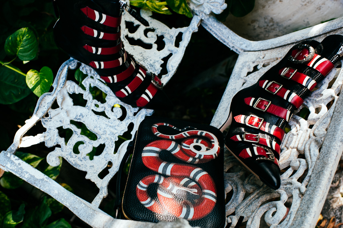 Gucci Snake print leather top handle bag & Gucci Leather buckle ankle boot