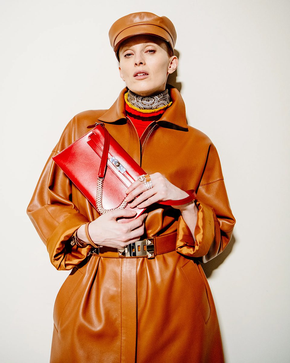 A Kelly Elan with a leather-and metal strap. Herm&egrave;s AW24 Look 30. Photo via Vogue.com. 