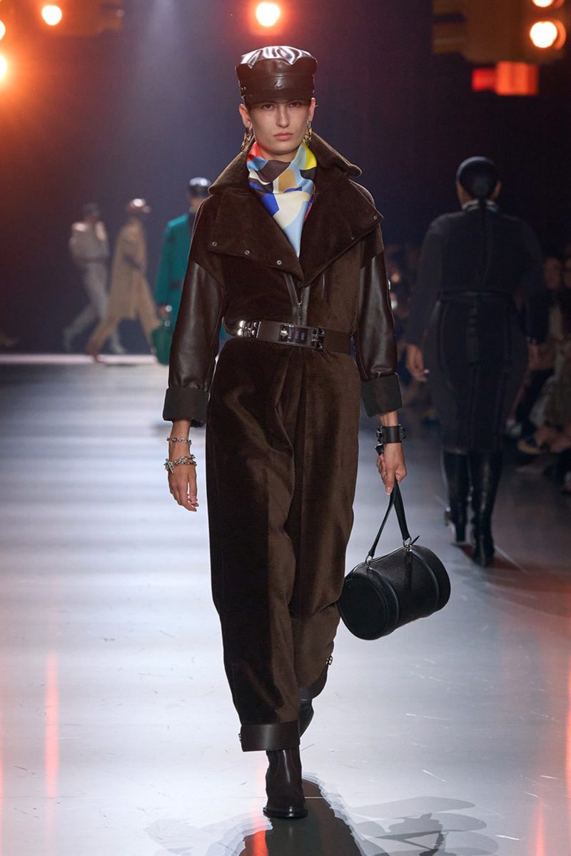 An updated version of the Polochon bears a useful strap instead of handles. Herm&egrave;s AW24 Look 36. Photo via Vogue.com. 