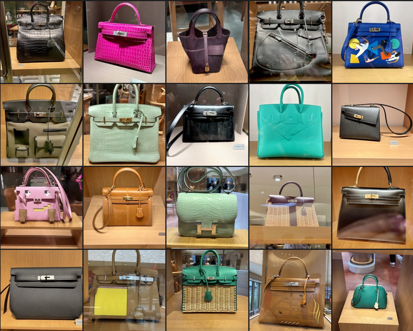 An incredible array of exotic and rare bags on display at the new Hermès Madison Flagship. Photo via @The_Notorious_Pink.