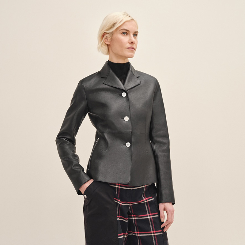 Equestrian jacket in grained goatskin (100% goatskin), Clou de Selle engraved palladium-plated buttons, palladium-plated zips, pull-tabs and Clou de Selle engraved palladium-plated rivets, lining with