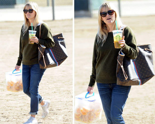 Reese Witherspoon Carries Orange Wedges And Louis Vuitton At Her Son's Soccer Game