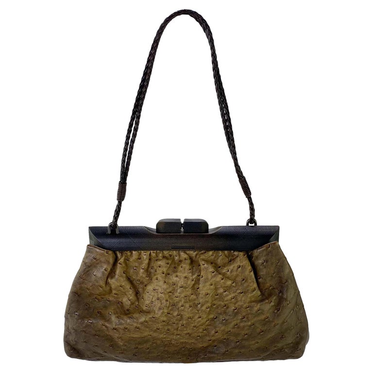 F/W 2002 Gucci by Tom Ford Genuine Ostrich Braided Leather Wood Shoulder Bag