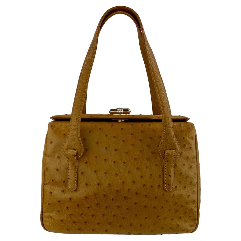 1980s Gucci Caramel Ostrich Shoulder Bag Twist Lock Closure