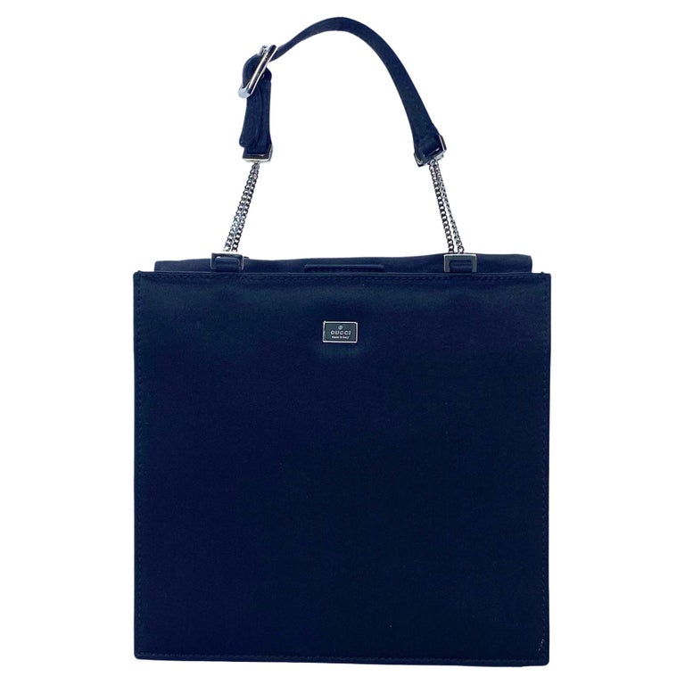 2000s Gucci by Tom Ford Mini Black Silk Satin Square Chain Logo Evening Bag Y2K
