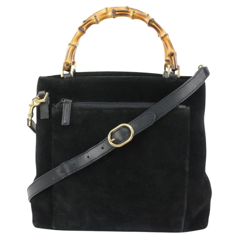 Gucci Black Suede Bamboo Tote 2way Crossbody Bag 62gz421s