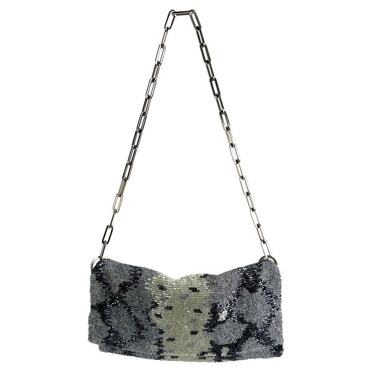 S/S 2000 Gucci by Tom Ford Grey Blue Snakeskin Pattern Beaded Chain Flap Bag