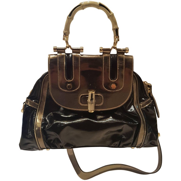 Gucci 1990s Vintage Bamboo Black Metallic Silver Women's Shoulder Bag