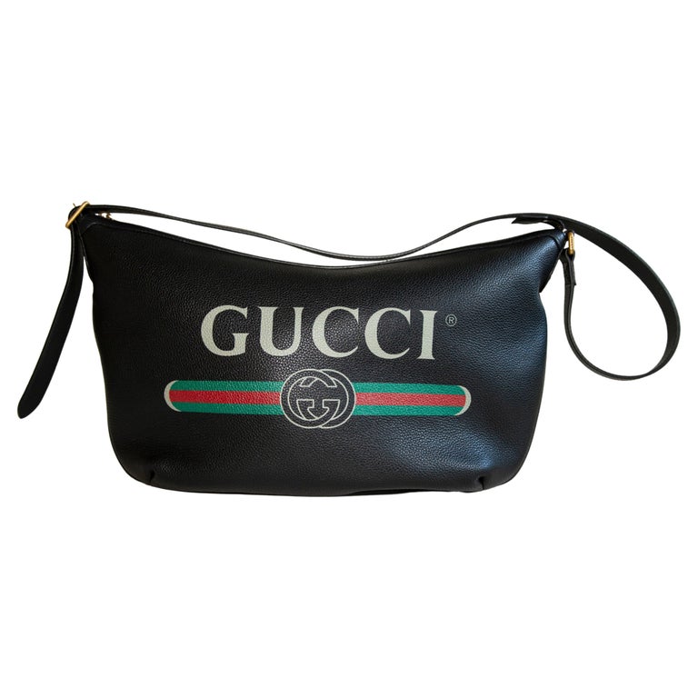 Gucci Logo Print Half Moon Large Black Leather Hobo Bag