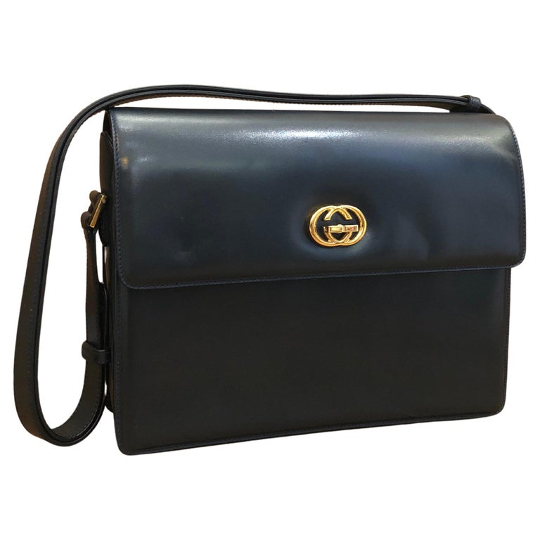 Vintage GUCCI Leather Shoulder Crossbody Bag Turnlock Calfskin Dark Navy