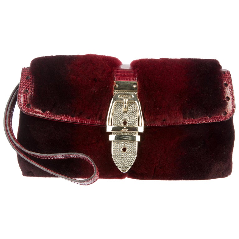 GUCCI Exotic Burgundy Fur & Lizard Skin Bag with Crystal-Encrusted Clasp