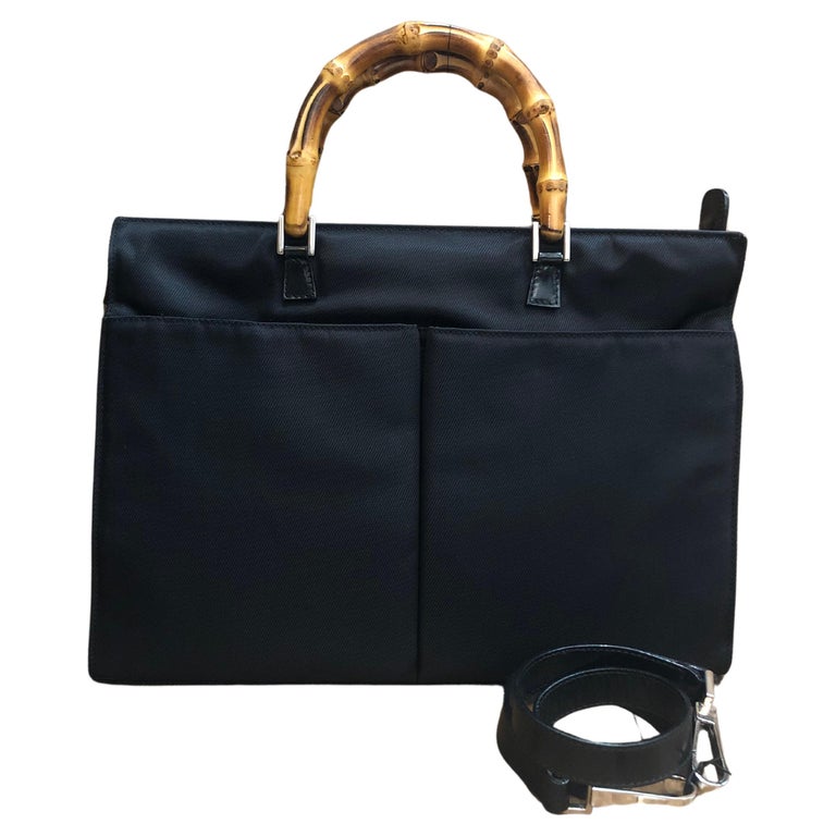 1990s Vintage GUCCI Nylon Bamboo Two-Way Briefcase Document Handbag Small Black