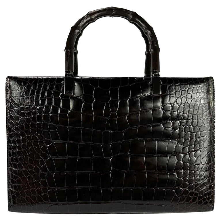 F/W 1998 Gucci by Tom Ford Ad Campaign Dark Brown Crocodile Bamboo Tote Bag
