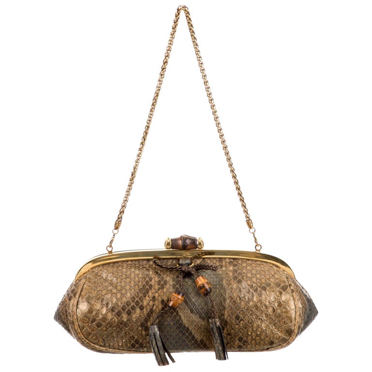 Gucci Bronze Snake Skin Mini Exotic Bamboo Party Evening Minaudière Clutch Bag