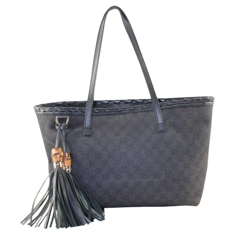 Gucci Black Monogram Denim Bamboo Fringe Tassel Tote 2GK1214K