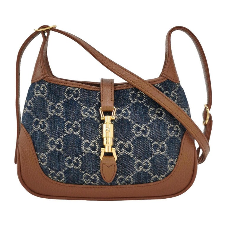 Gucci Jackie 1961 Mini Handbag in Blue Monogram Denim and Brown Leather