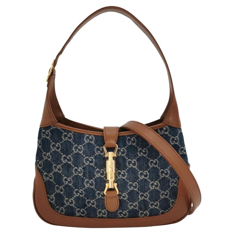 Gucci Jackie 1961 Small Handbag in Blue Monogram Denim and Brown Leather