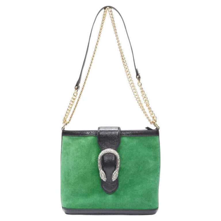 GUCCI Dionysus Kelly green suede black patent trimmed crossbody bucket bag